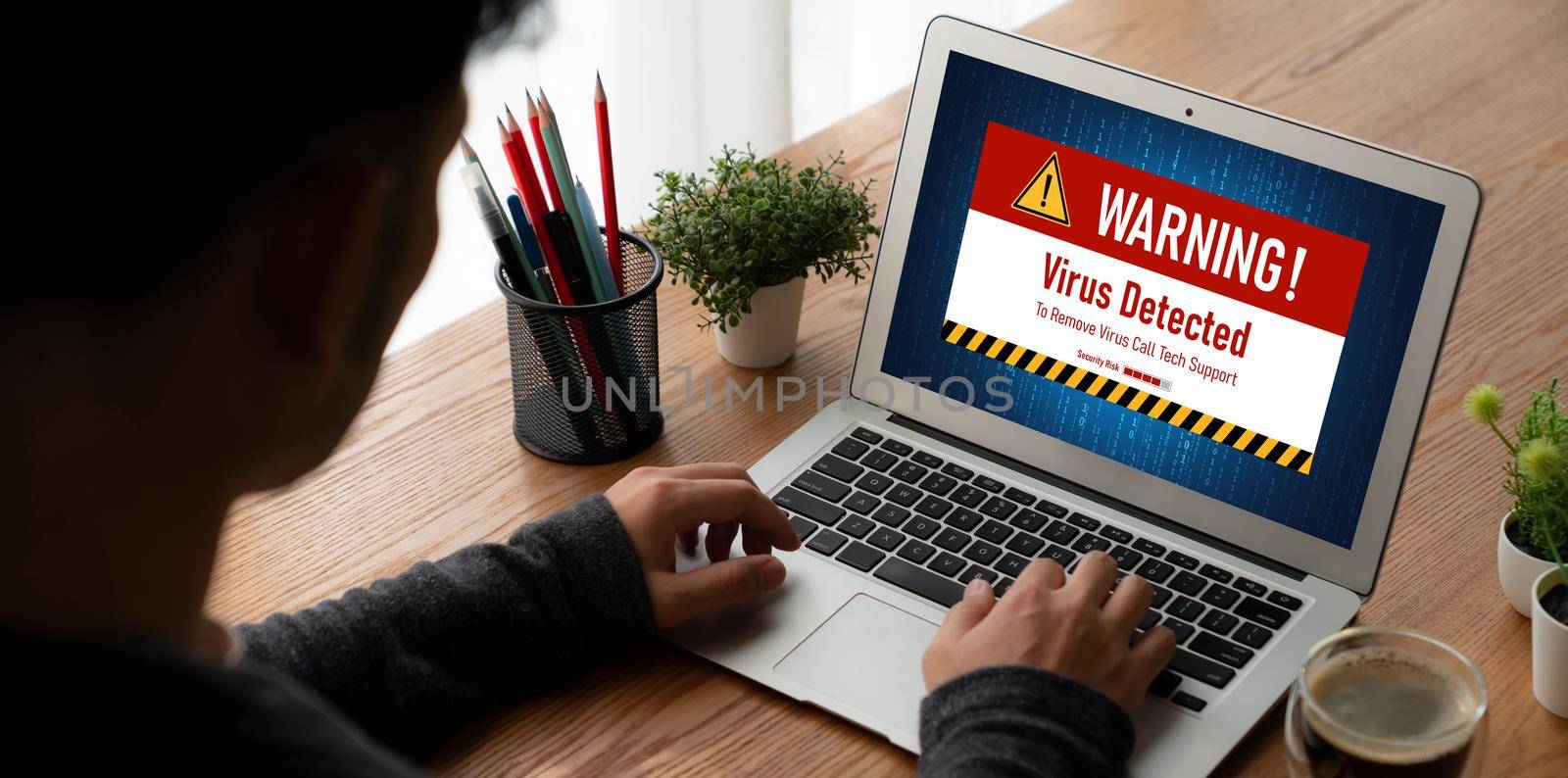 Virus warning alert on computer screen detected modish cyber threat , hacker, computer virus and malware