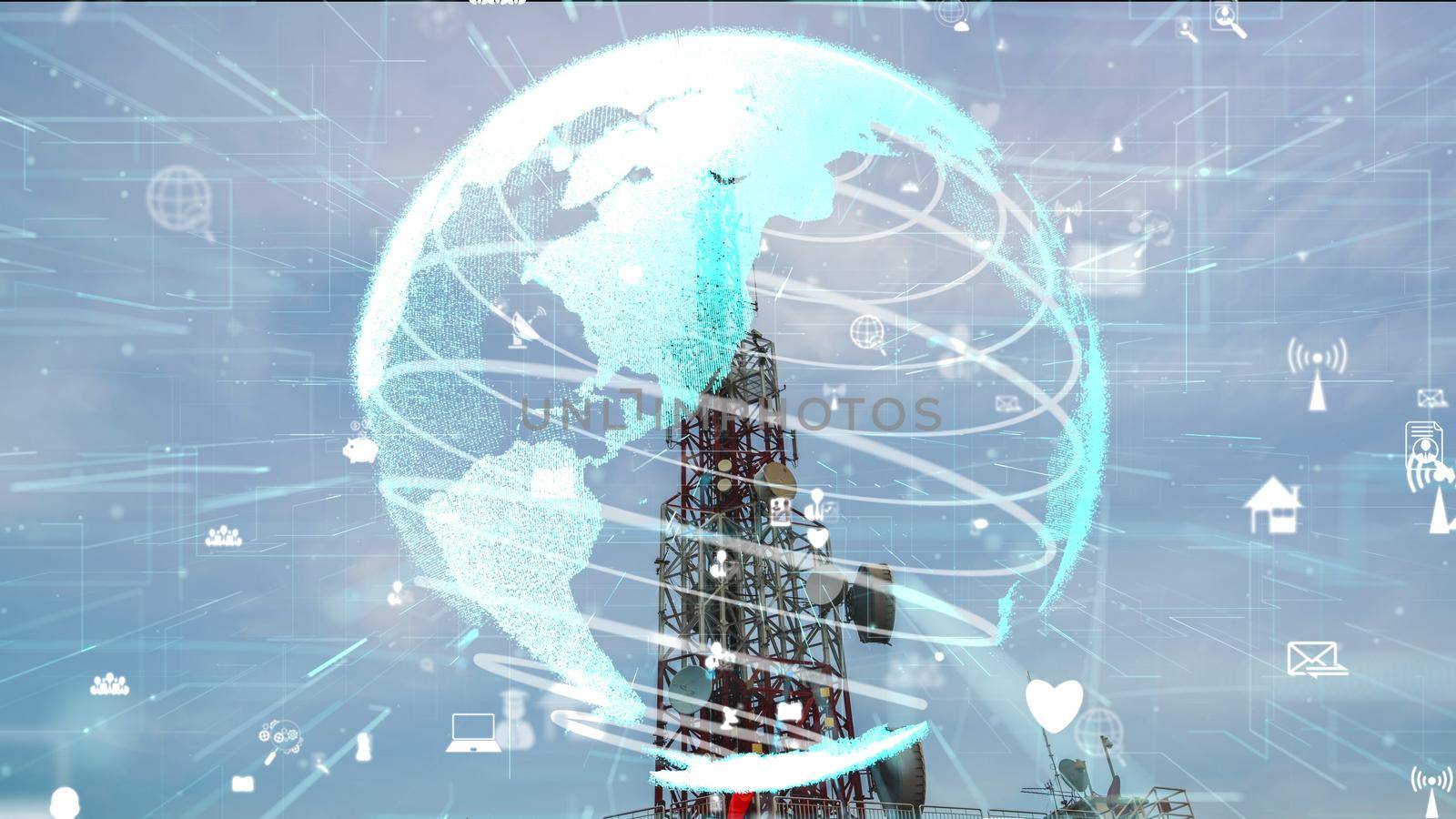 Telecommunication tower with 3D graphic of global business alteration and e-commerce against blue sky in concept of worldwide internet network connections .