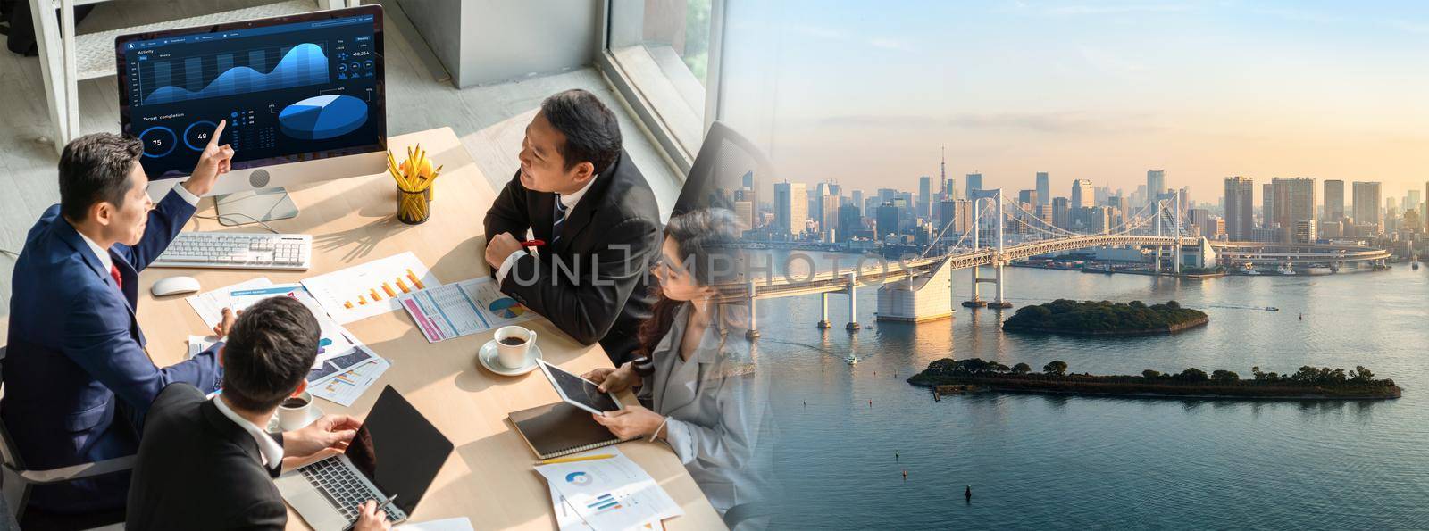 Smart businessman and businesswoman talking discussion in widen group meeting at office table in a modern office interior. Business collaboration strategic planning and brainstorming of coworkers.