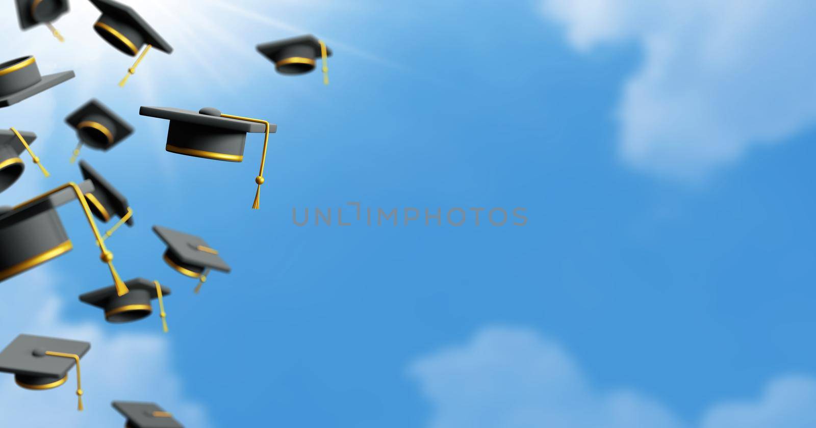 Graduation cap with blue sky background 3D render by Myimagine
