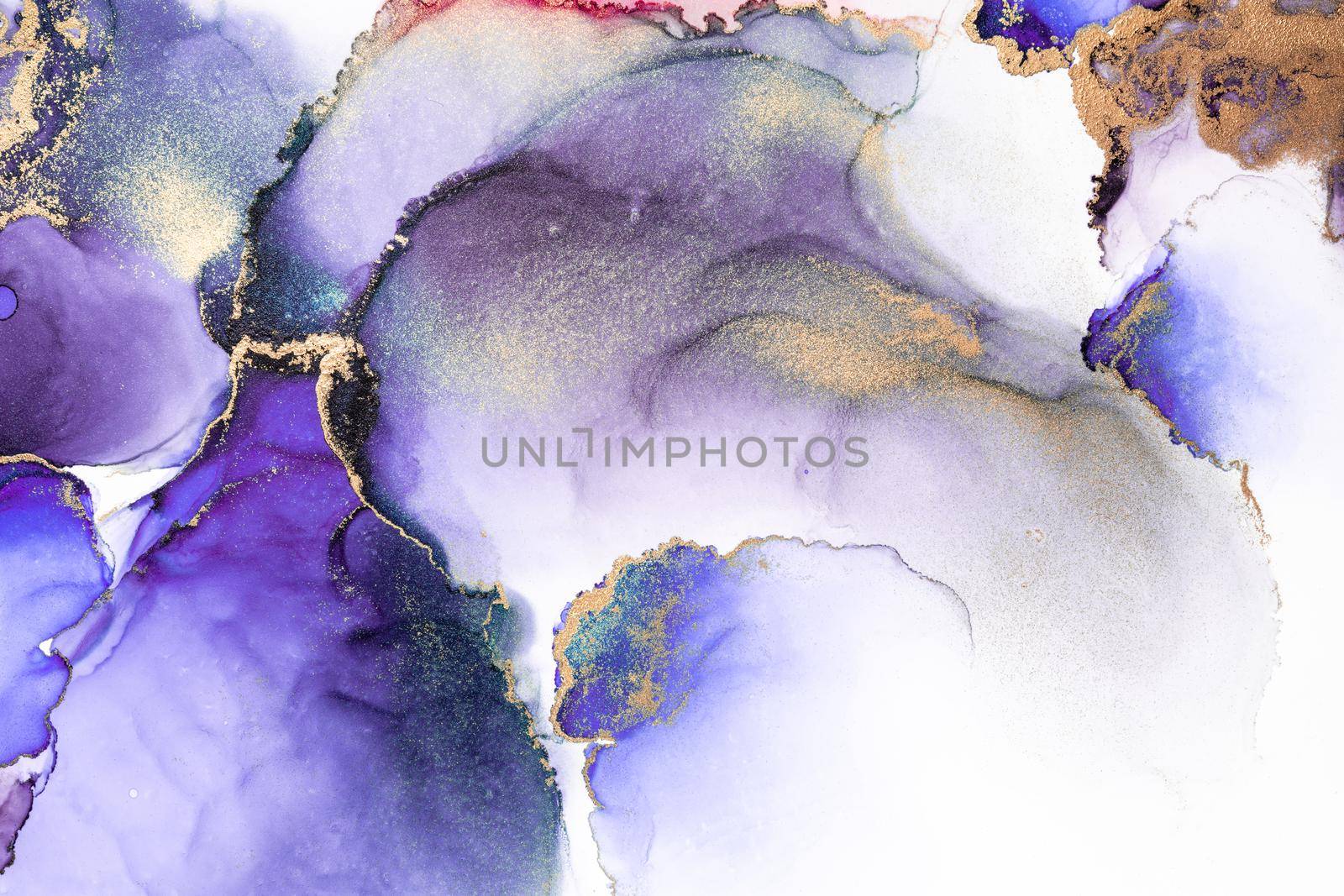 Purple gold abstract background of marble liquid ink art painting on paper . Image of original artwork watercolor alcohol ink paint on high quality paper texture .