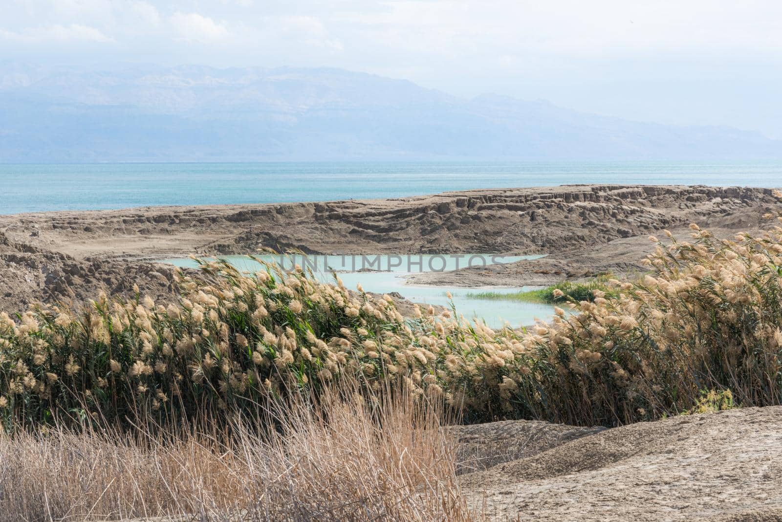 Sinkhole filled with turquoise water, near Dead Sea coastline. Hole formed when underground salt is dissolved by freshwater intrusion, due to continuing sea-level drop. . High quality photo