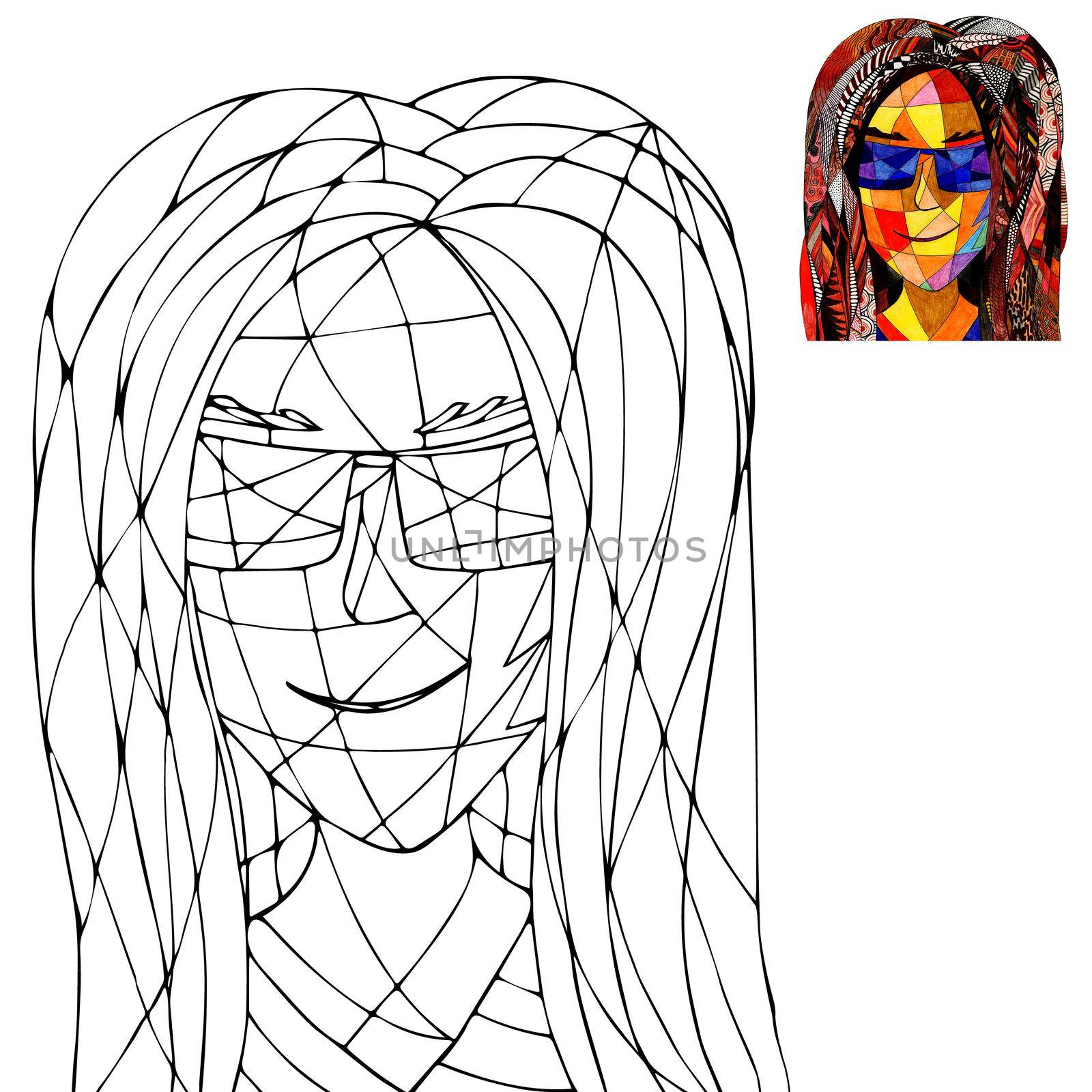 Coloring Page with a Fantasy Woman, Hand Drawn Stained Glass Portrait. by Rina_Dozornaya