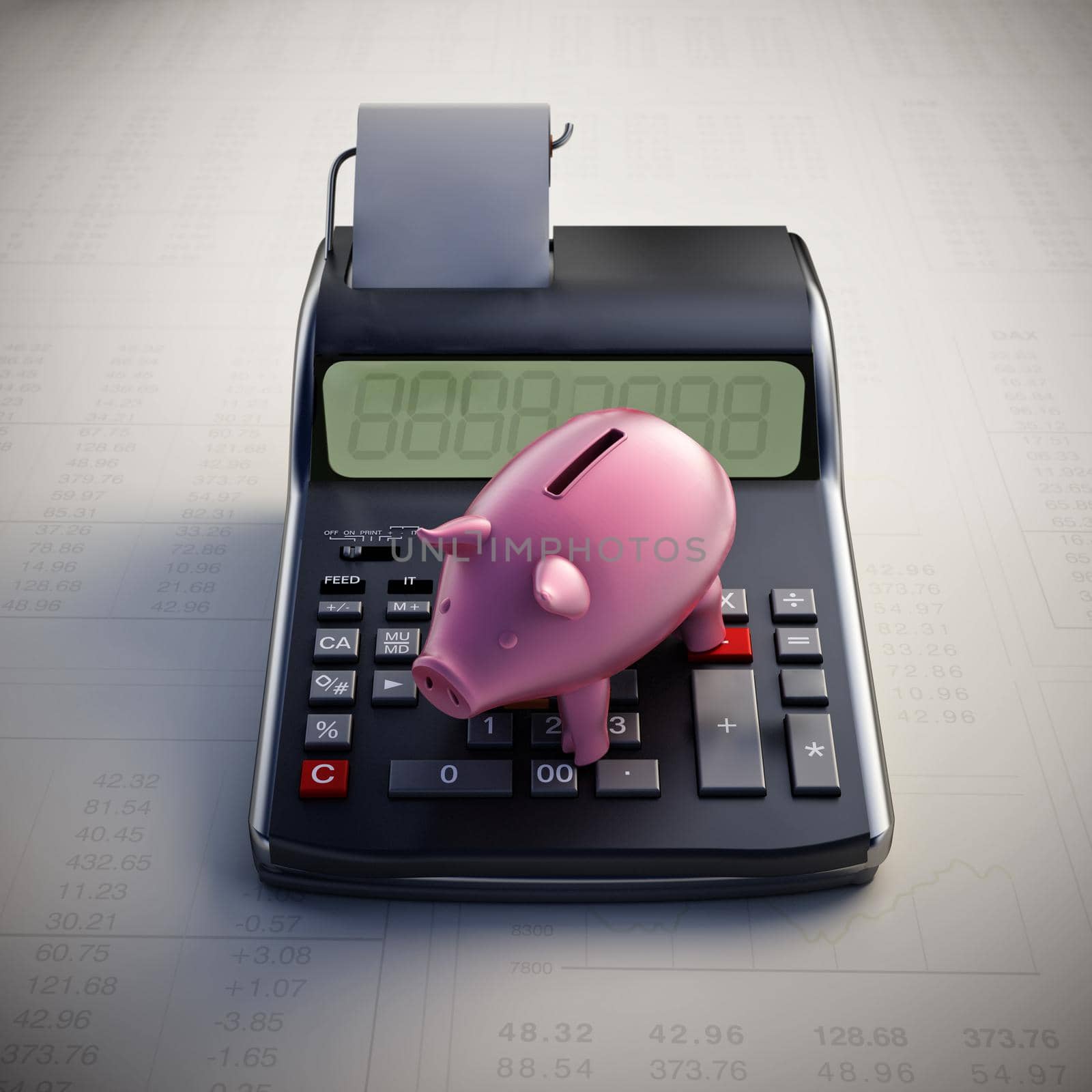 Piggy bank standing on calculator. 3D illustration.