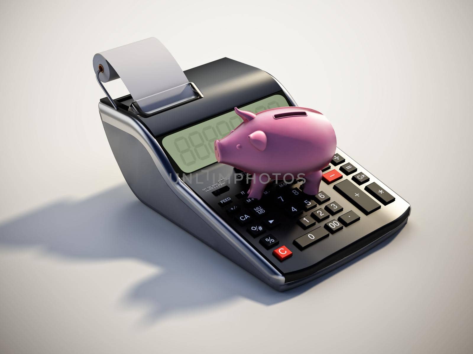 Piggy bank standing on calculator. 3D illustration by Simsek