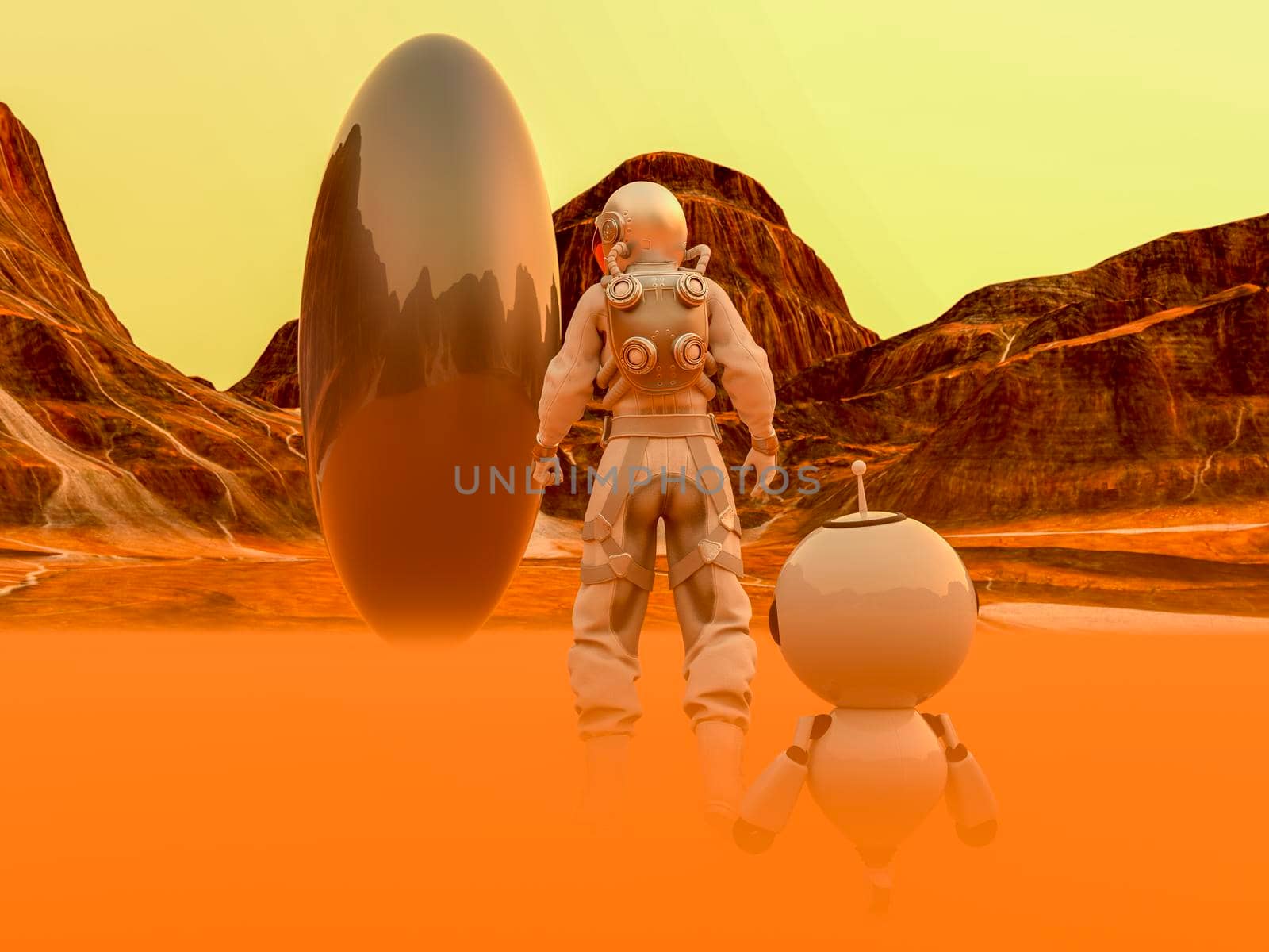 Astronaut and small robot facing a strange egg-shaped object at the spacewalk on a desert planet by ankarb