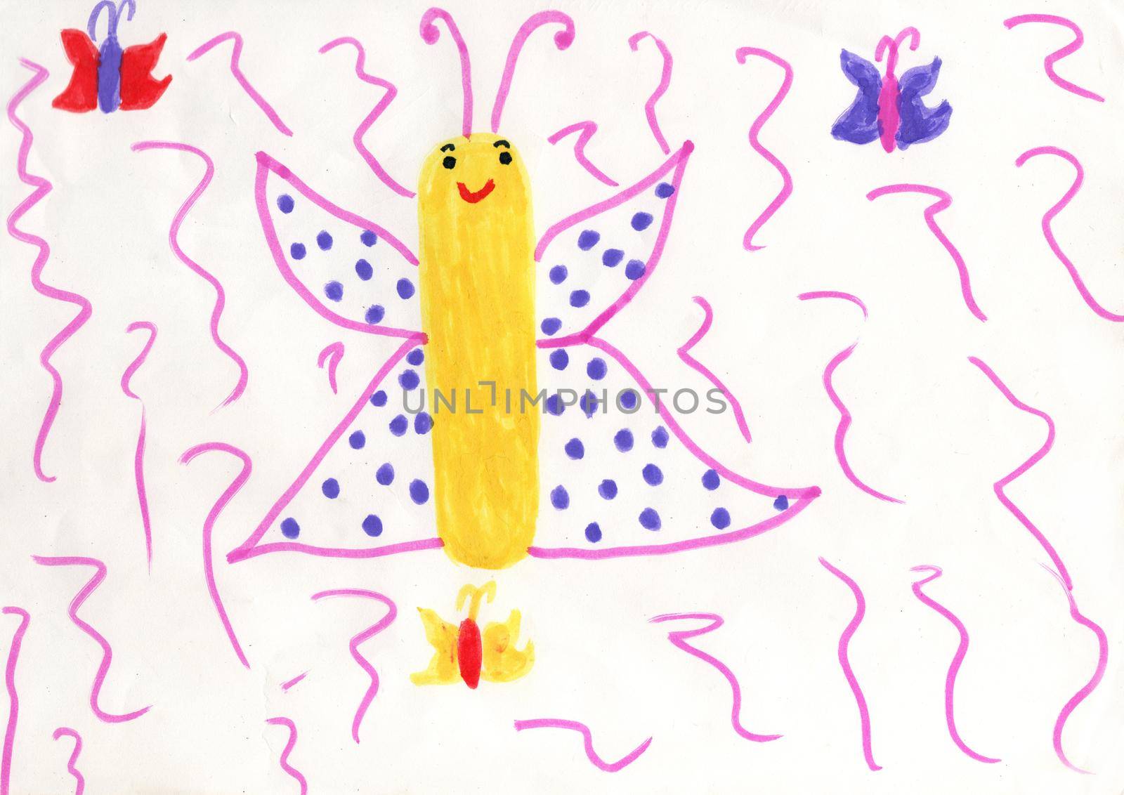 childish drawing of summer with flying butterflies. Bright summer. Childish drawing of clearing with butterflies. Childish art. Artwork drawn by felt-tip pens