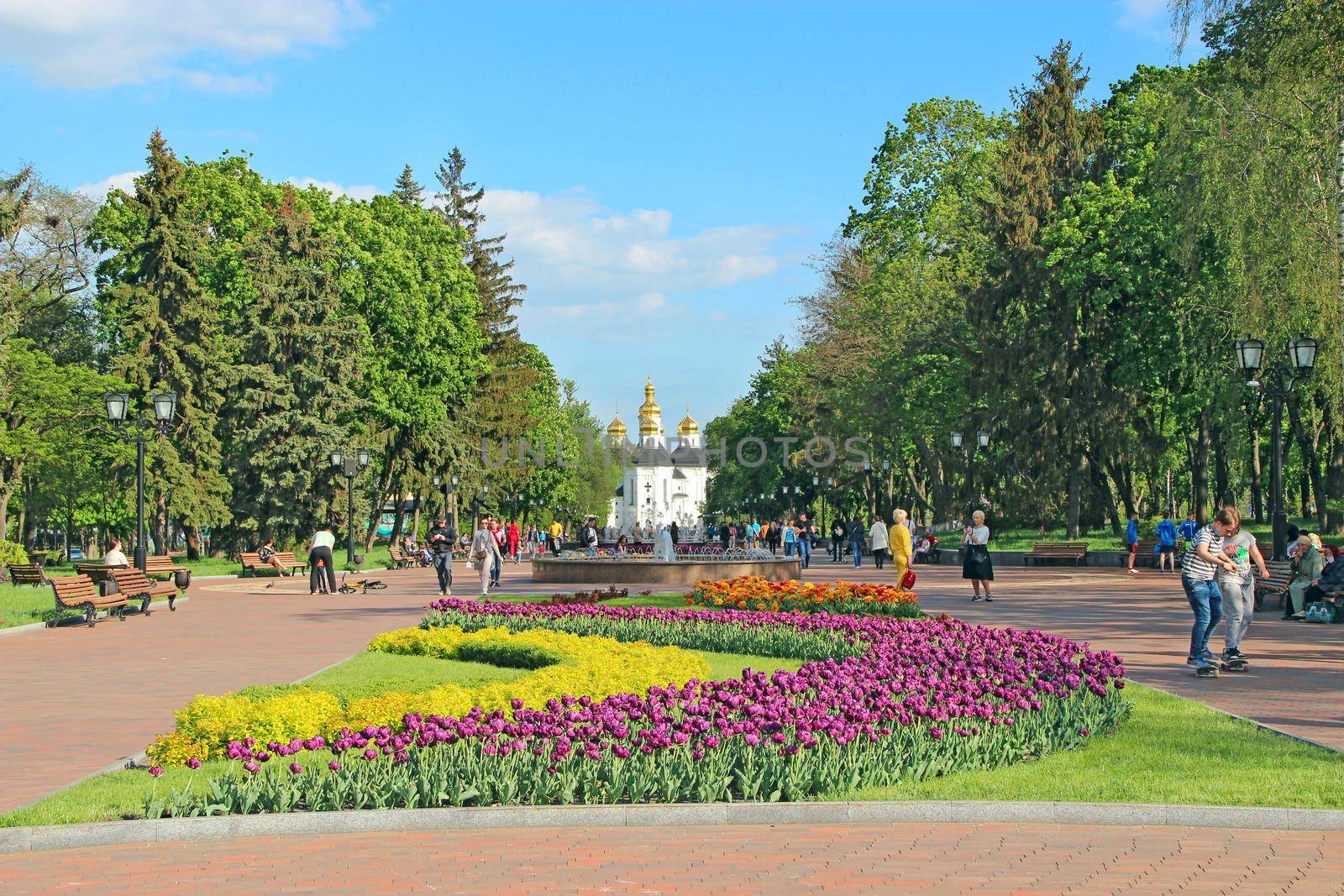 people have a rest in city park with tulips. Beautiful cityscape by alexmak