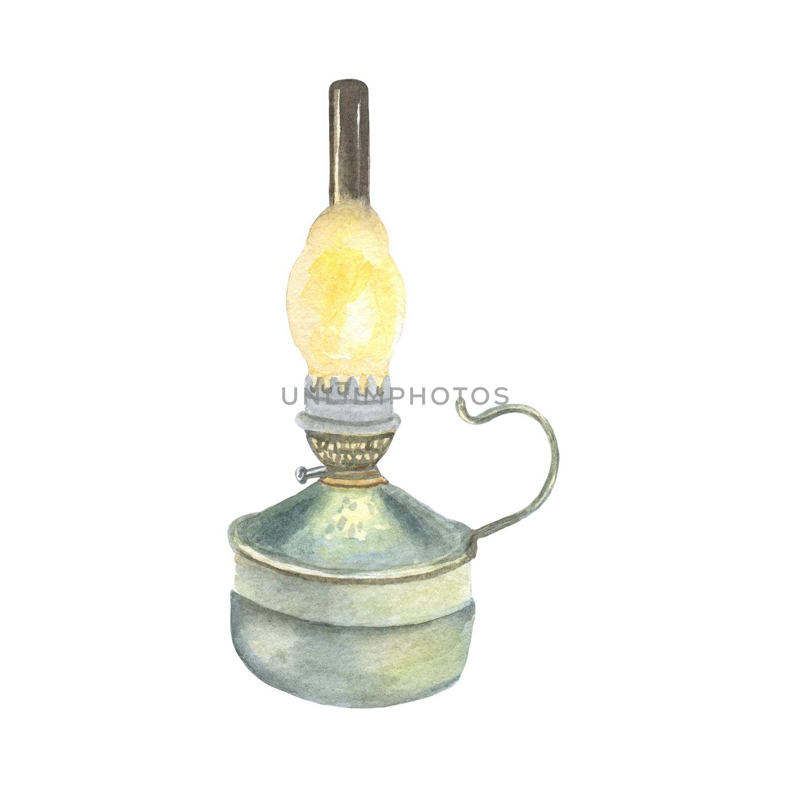 Kerosene lamp isolated on white, Watercolor illustration