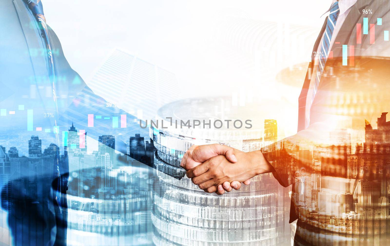 Business handshake on finance prosperity and money technology asset background . Economy and financial growth by investment in valuable stock market to gain wealth profit form currency trading