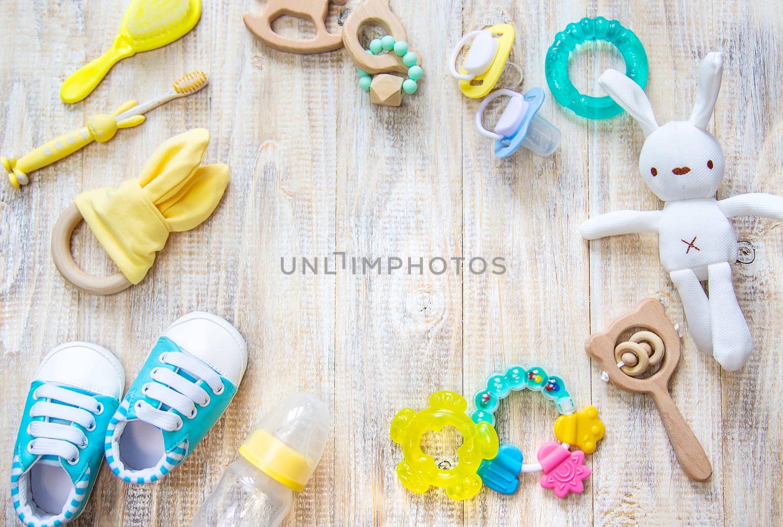 Baby clothes and accessories on a light background. Selective focus. nature.
