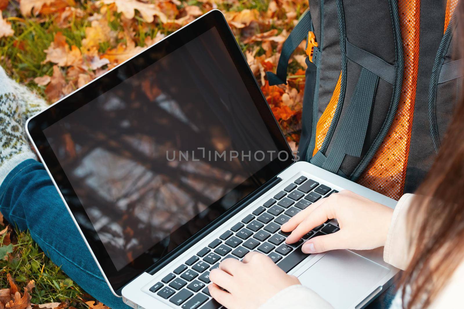 girl uses a laptop while sitting on the grass in the autumn park. Blank for design on laptop screen.
