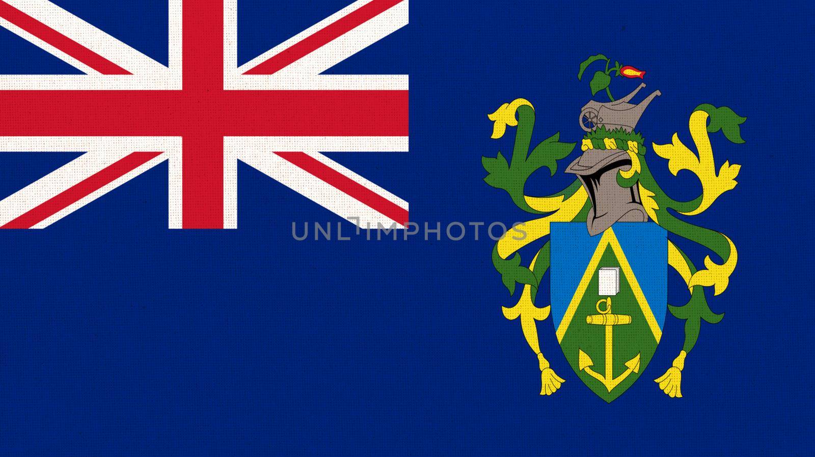Flag of Pitcairn Islands. Pitcairn Islands flag on fabric surface. Fabric texture. National symbol. Country in Oceania. Pitcairn, Henderson, Ducie and Oeno Islands
