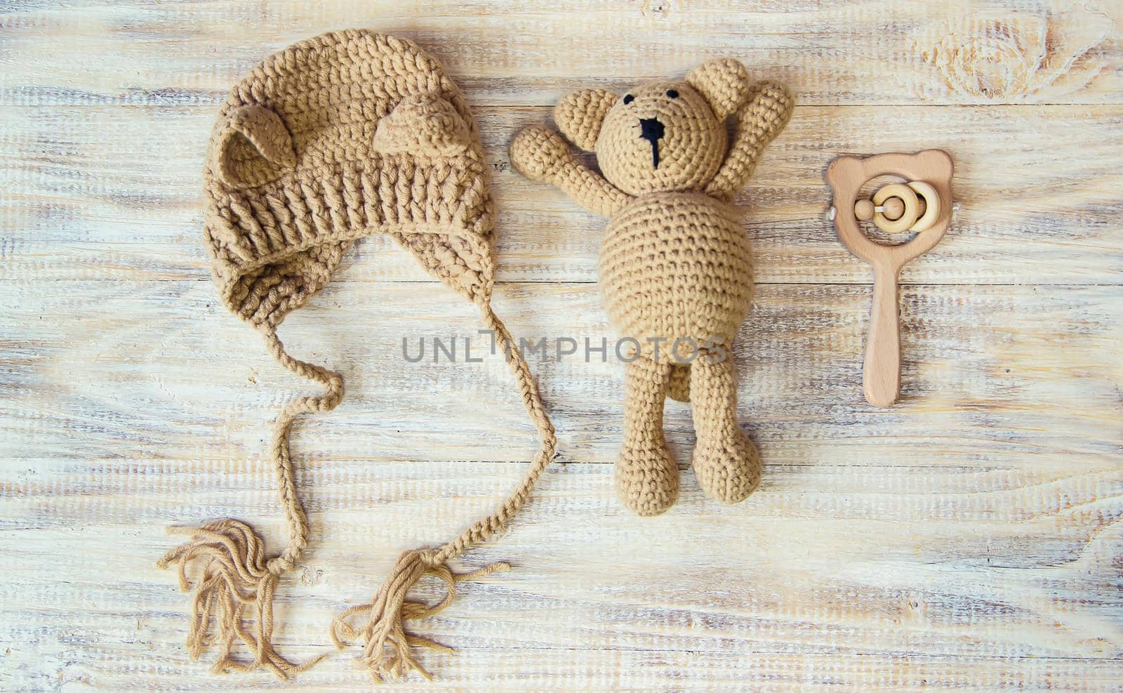 Children's toy and accessories on a light background. Selective focus. nature.