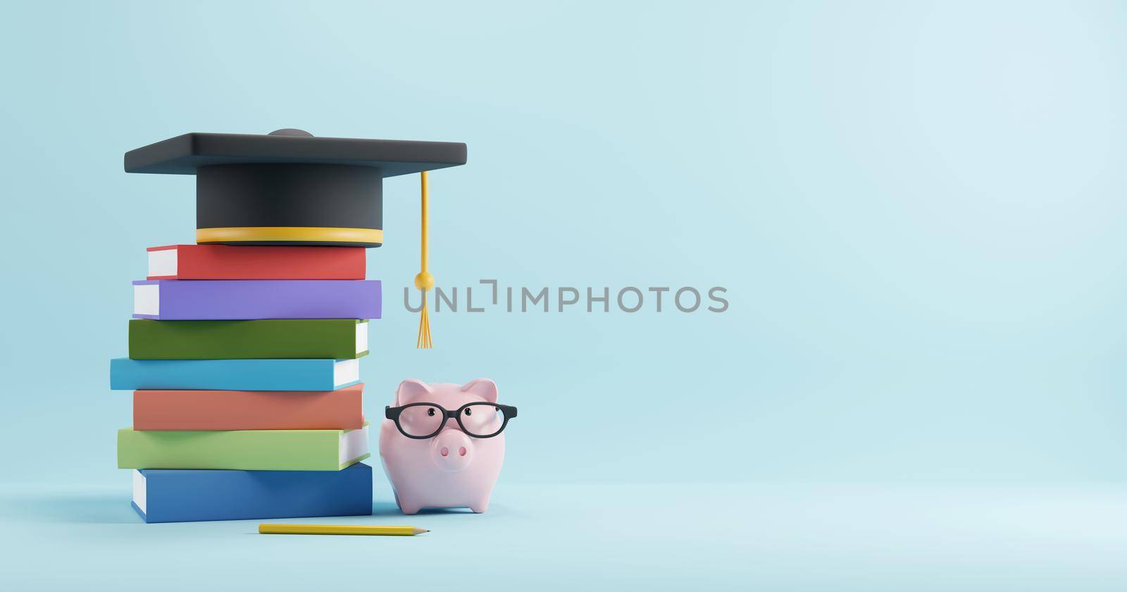 Education and study abroad concept design of graduation cap on colorful stack of books and piggy bank wearing glasses 3D render