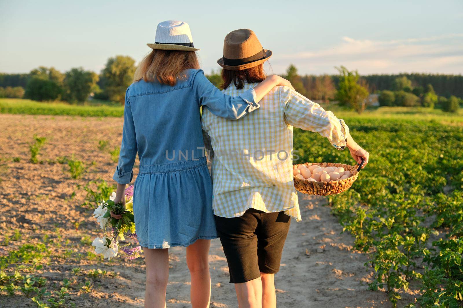 Agriculture, farming organic eco products. Women mother and daughter with basket of eggs, lifestyle, nature, garden, sunset, country side background, back view