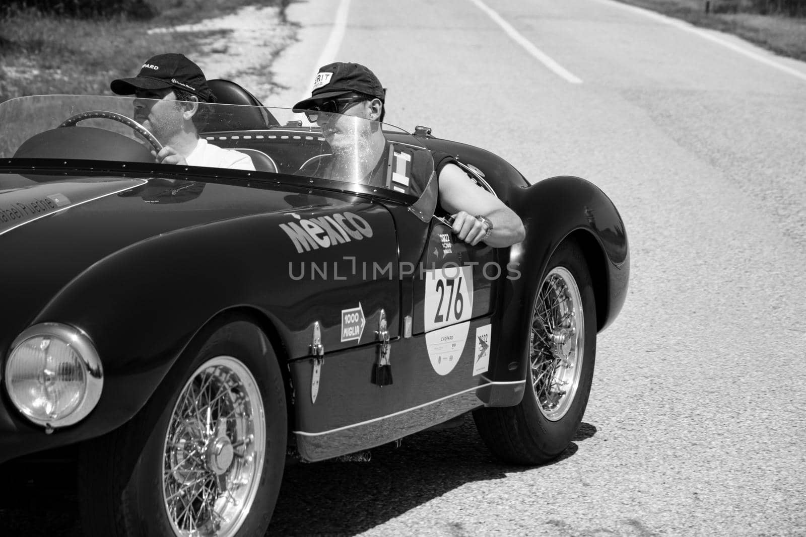 URBINO, ITALY - JUN 16 - 2022 : FERRARI 166 MM SPIDER VIGNALE 1953 on an old racing car in rally Mille Miglia 2022 the famous italian historical race (1927-1957