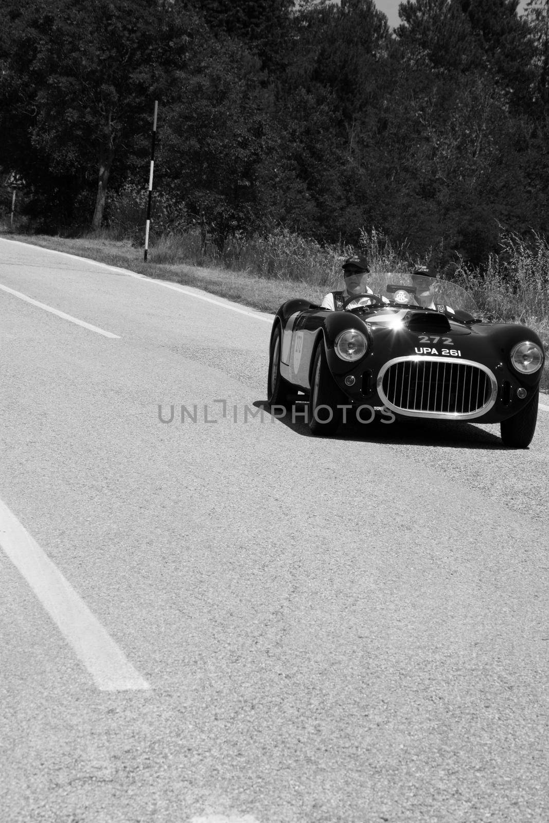 URBINO, ITALY - JUN 16 - 2022 : COOPER BRISTOL T25 BRISTOL 1953 on an old racing car in rally Mille Miglia 2022 the famous italian historical race (1927-1957