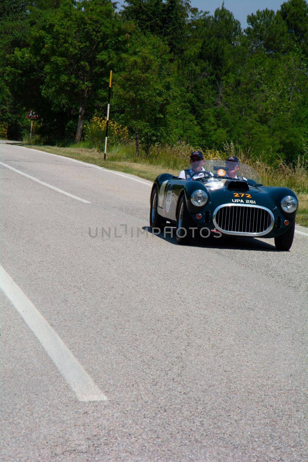 URBINO, ITALY - JUN 16 - 2022 : COOPER BRISTOL T25 BRISTOL 1953 on an old racing car in rally Mille Miglia 2022 the famous italian historical race (1927-1957