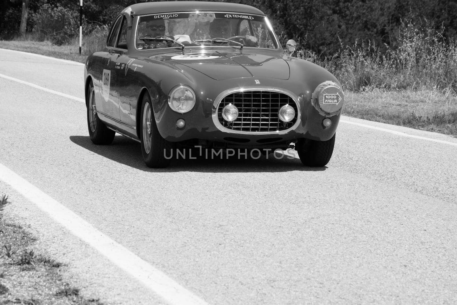 URBINO, ITALY - JUN 16 - 2022 : FERRARI 212 INTER EUROPA PINIFARINA 1953 on an old racing car in rally Mille Miglia 2022 the famous italian historical race (1927-1957