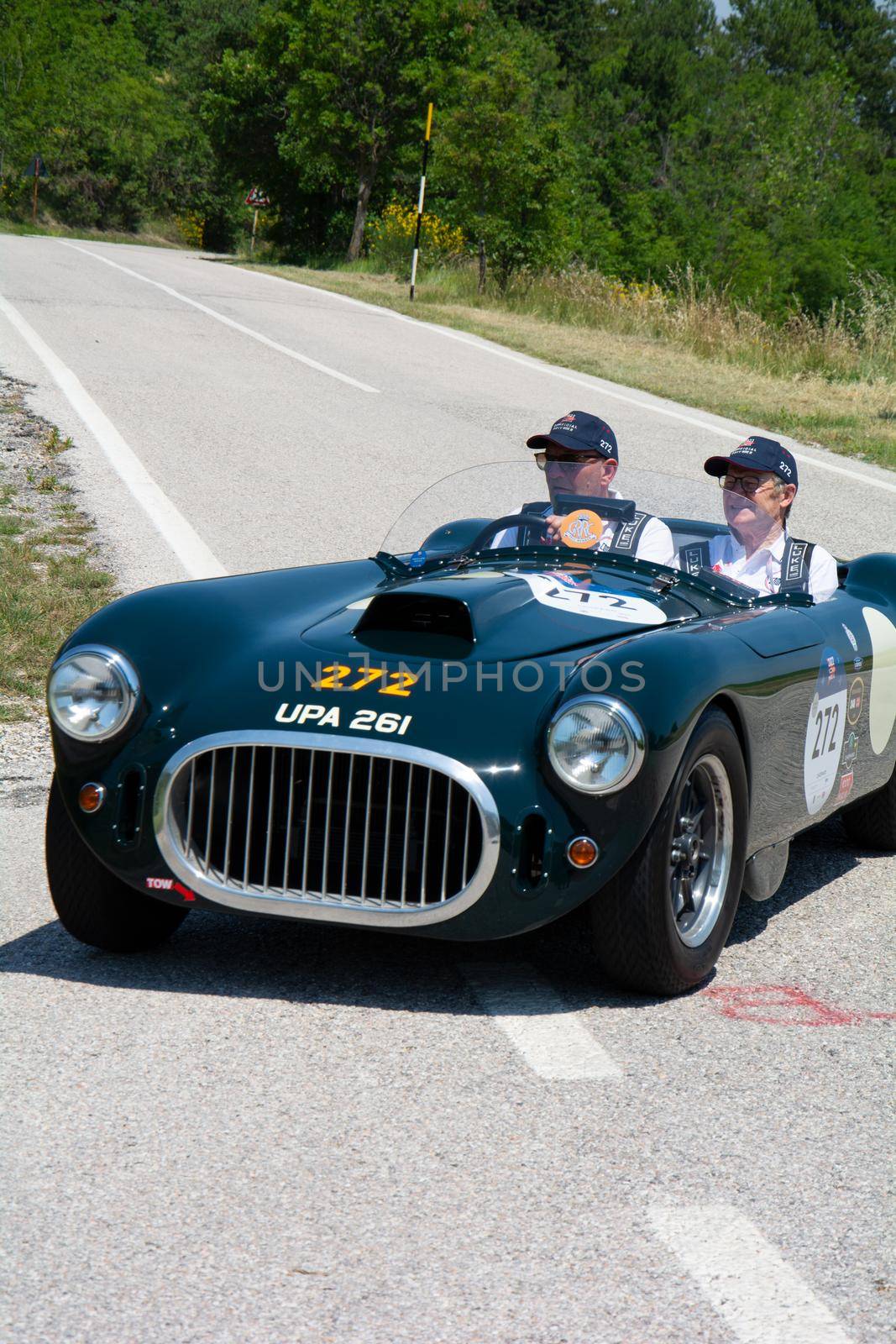 URBINO, ITALY - JUN 16 - 2022 : COOPER BRISTOL T25 BRISTOL 1953 on an old racing car in rally Mille Miglia 2022 the famous italian historical race (1927-1957