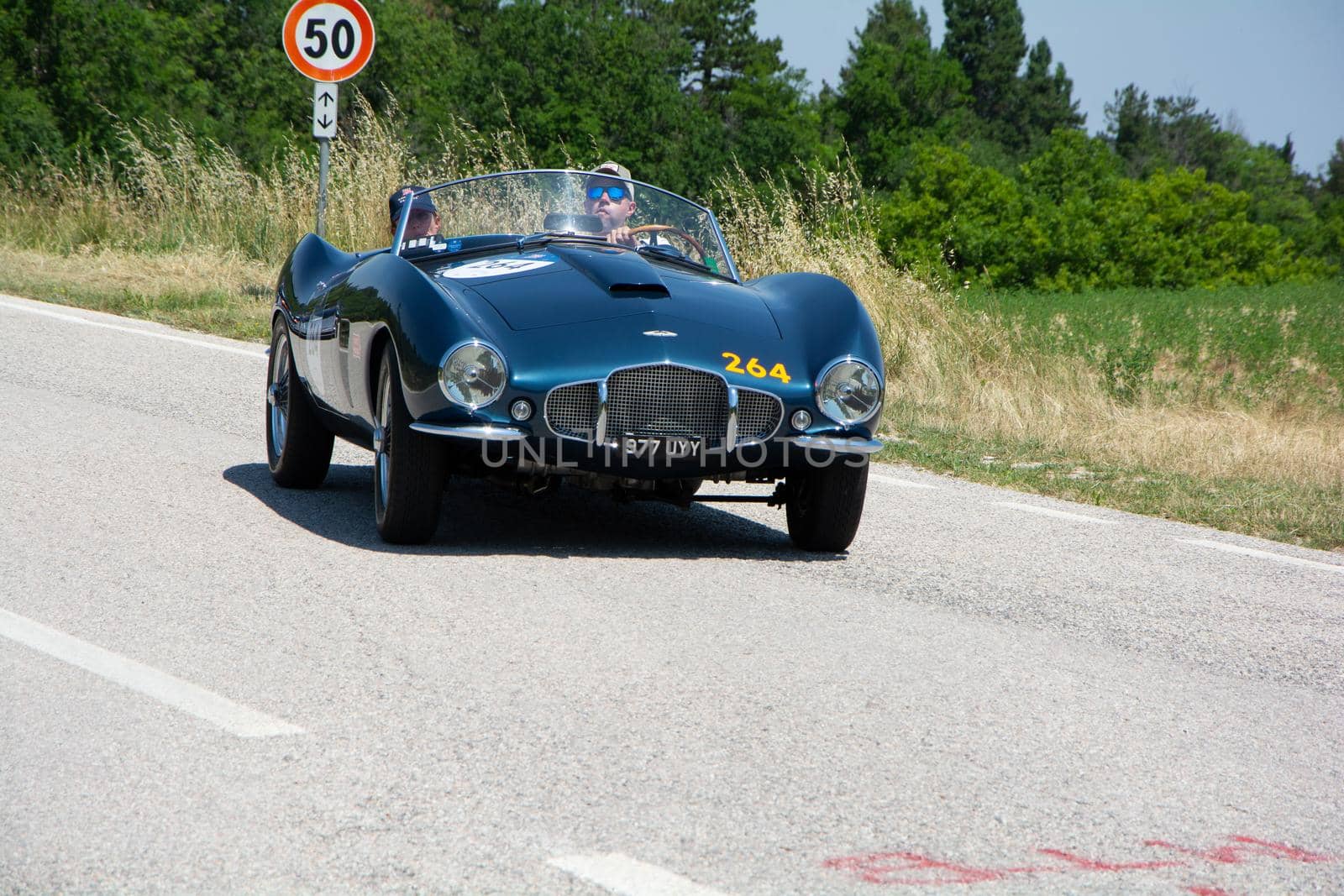 ASTON MARTIN DB 2/4 BERTONE SPIDER 1953 on an old racing car in rally Mille Miglia 2022 the famous italian historical race (1927-1957 by massimocampanari