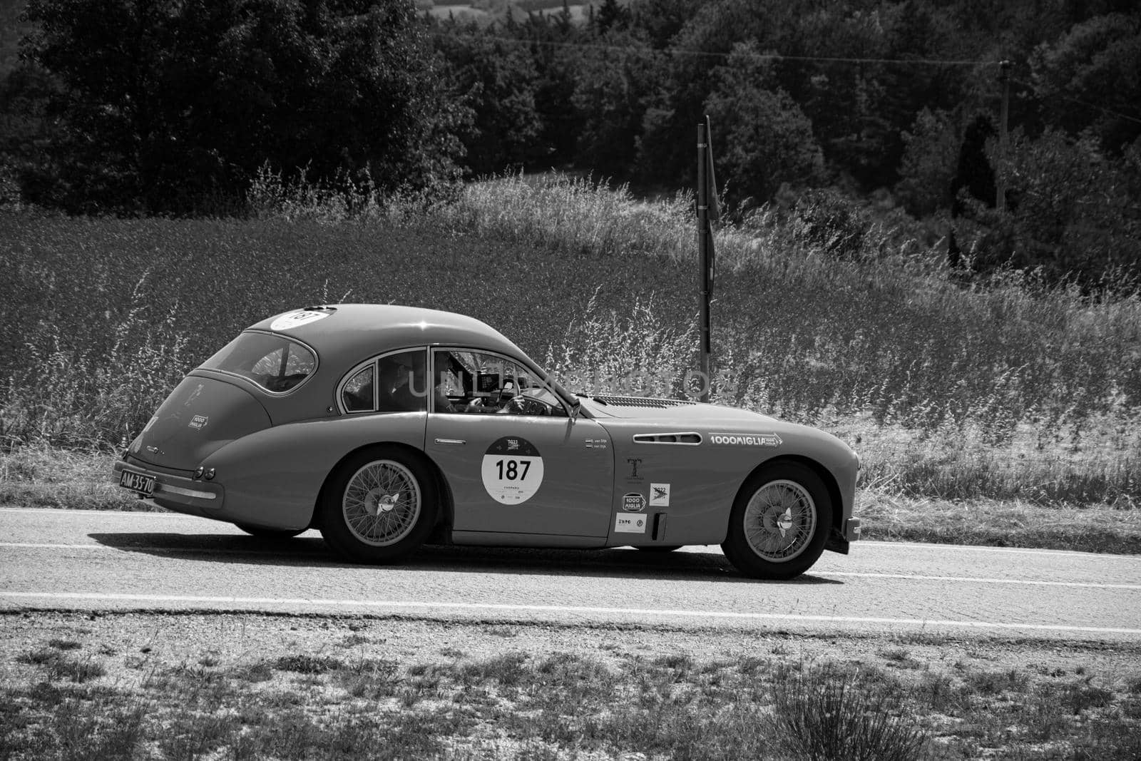 URBINO, ITALY - JUN 16 - 2022 : TALBOT-LAGO T26 GS 1950 on an old racing car in rally Mille Miglia 2022 the famous italian historical race (1927-1957