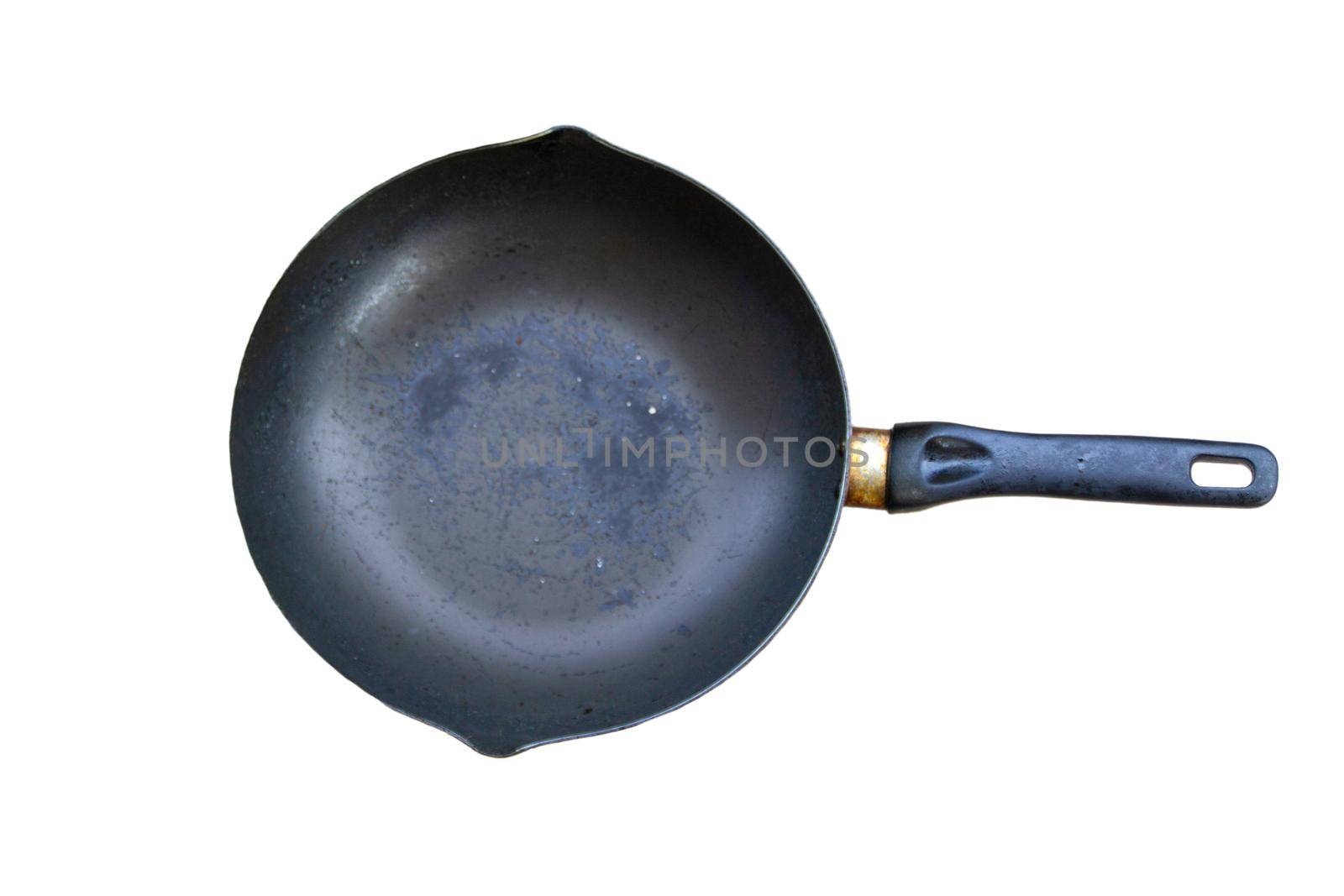 old black pan There are yellow stains on the handle. isolated on a white background