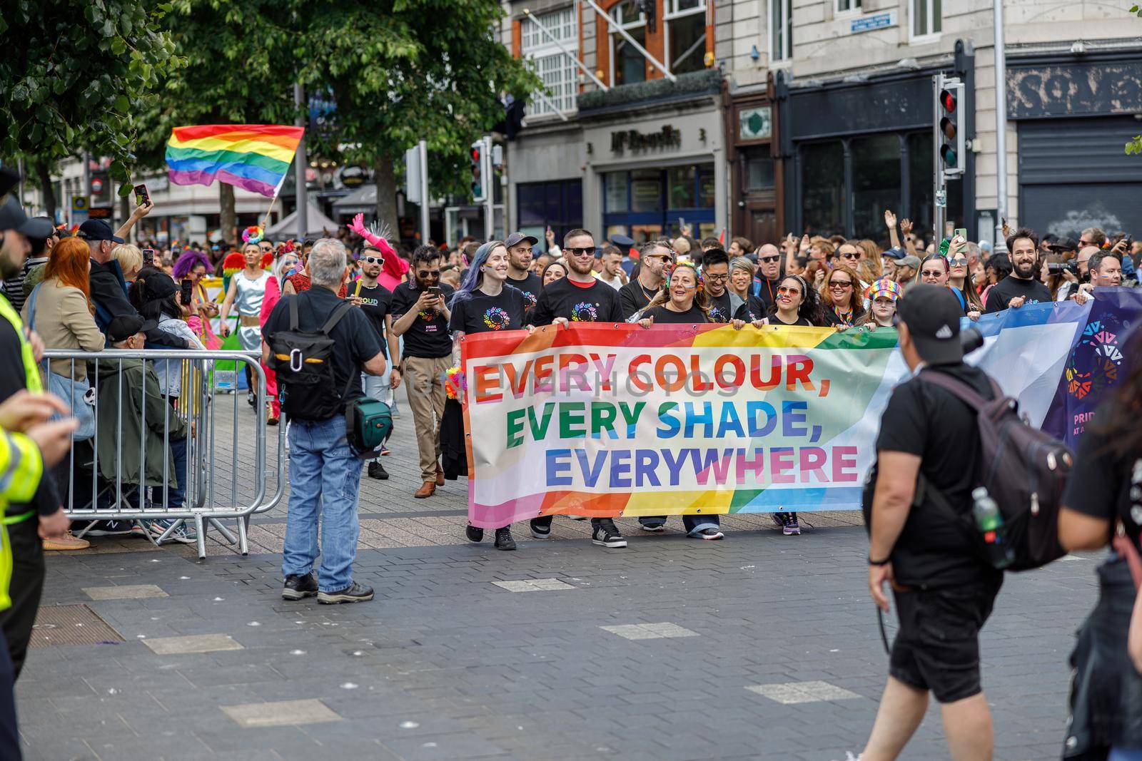 Dublin, Ireland, June 25th 2022. Ireland pride 2022 parade with people walking on one of the main city street. High quality photo