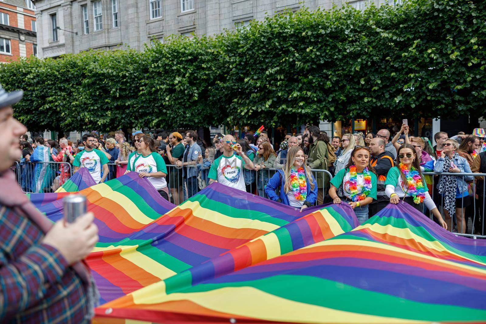 Dublin, Ireland, June 25th 2022. Ireland pride 2022 parade with people walking on one of the main city street. High quality photo