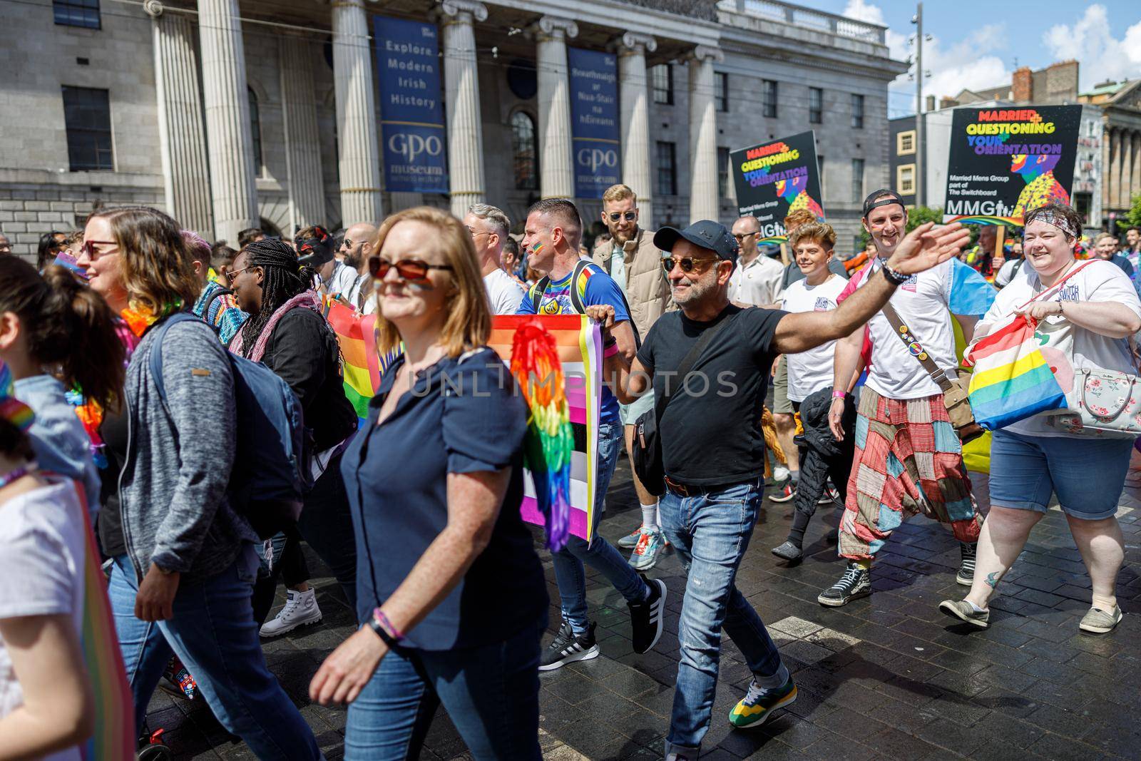 Dublin, Ireland, June 25th 2022. Ireland pride 2022 parade with people walking on one of the main city street. High quality photo