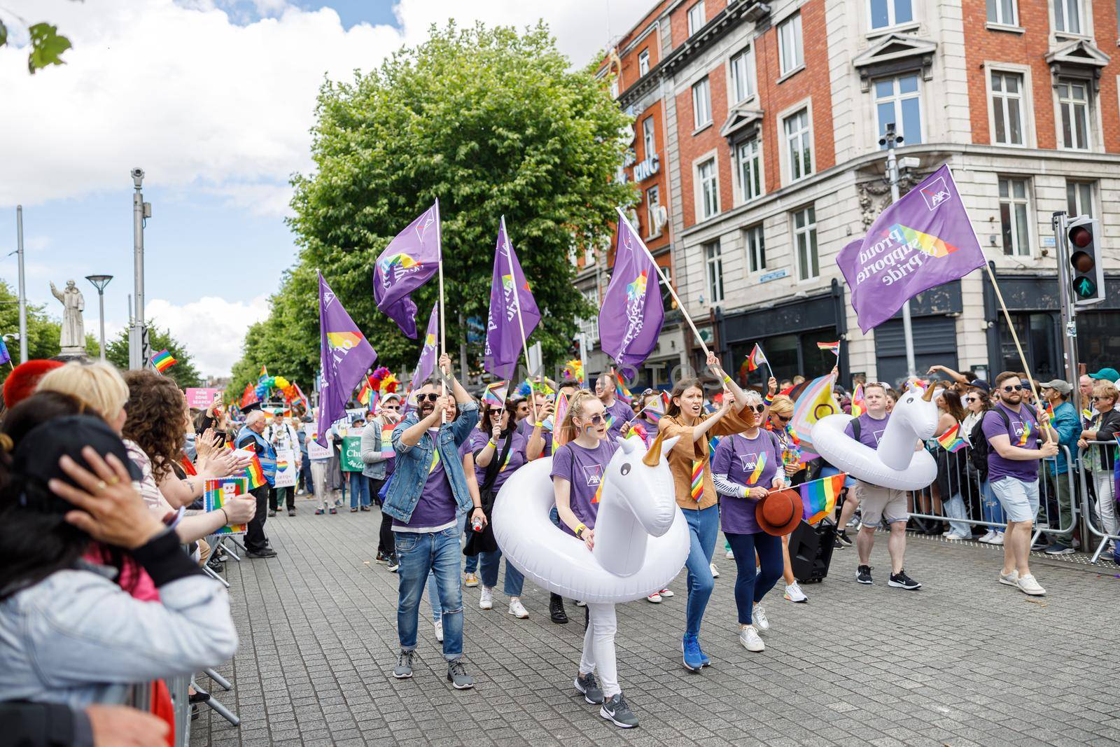 Dublin, Ireland, June 25th 2022. Ireland pride 2022 parade with people walking one one of the main city street. High quality photo