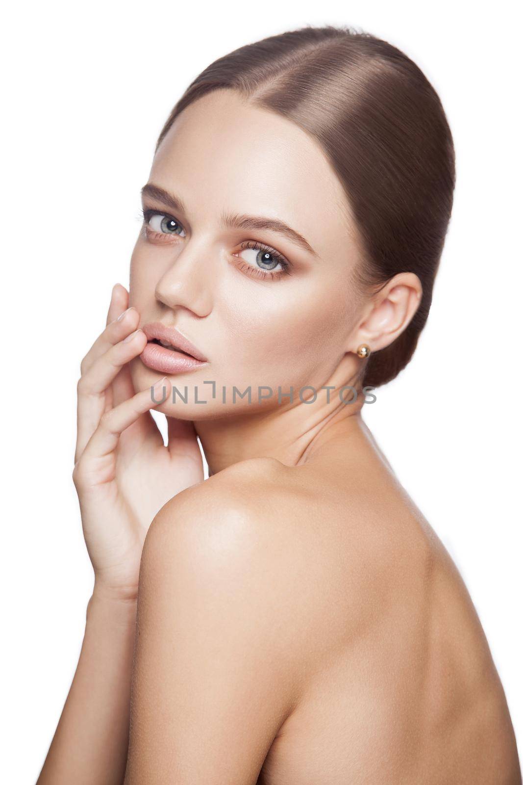 portrait of beautiful model with good skin on white background.