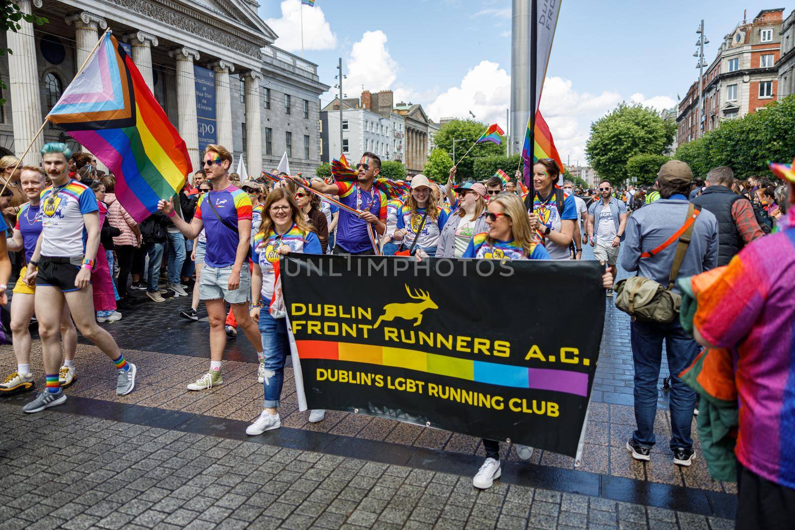 Dublin, Ireland, June 25th 2022. Ireland pride 2022 parade with people walking on one of the main city street. High quality photo