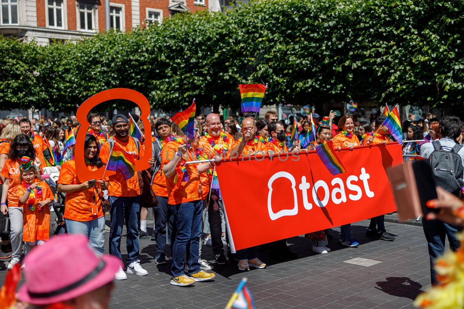 Dublin, Ireland, June 25th 2022. Ireland pride 2022 parade with people walking on one of the main city street. High quality photo