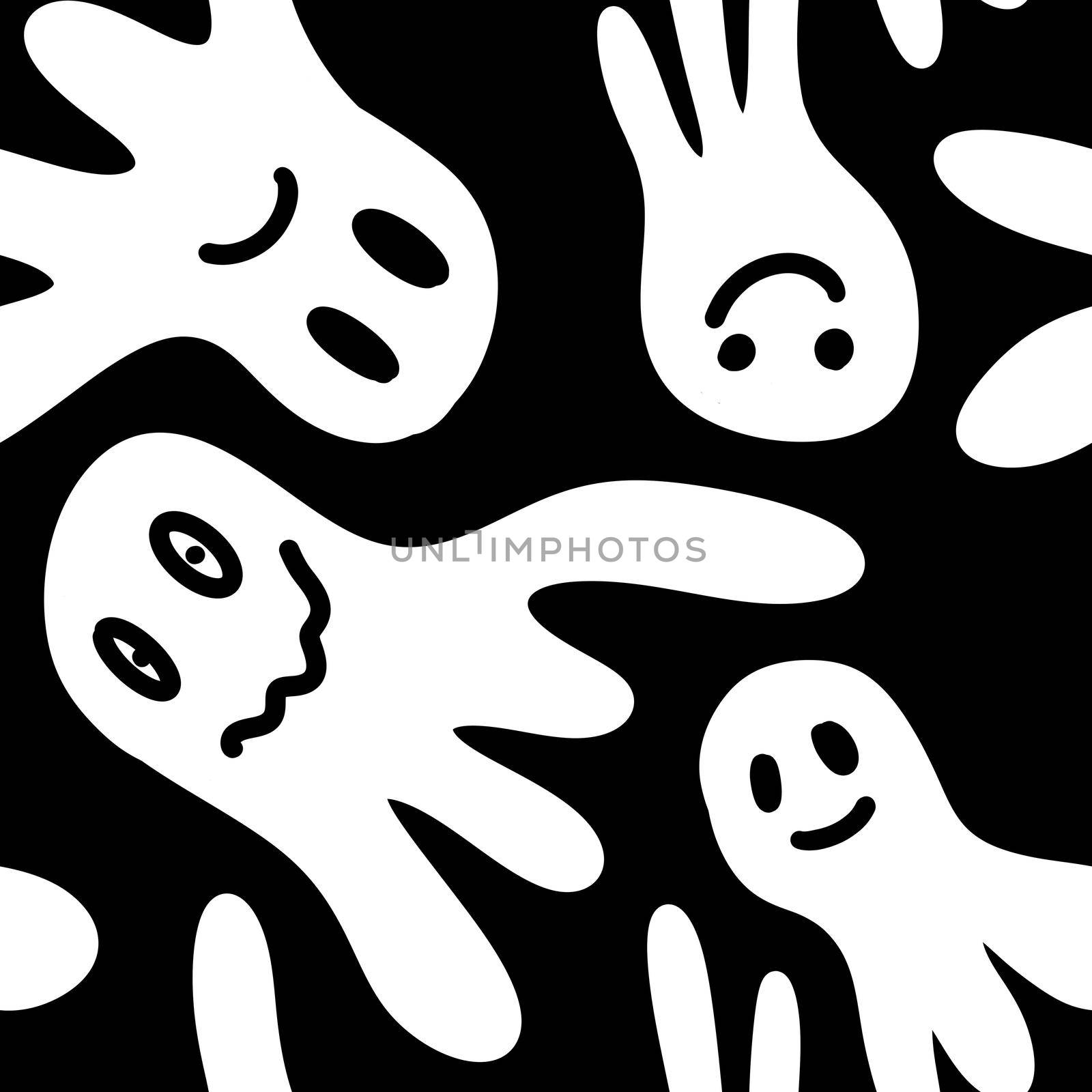 Seamless hand drawn black and white Halloween pattern with cartoon ghost skull bones pumpkin bat. Cute minimalist background for kids party invitation tesxtile wrapping paper. October nursery print