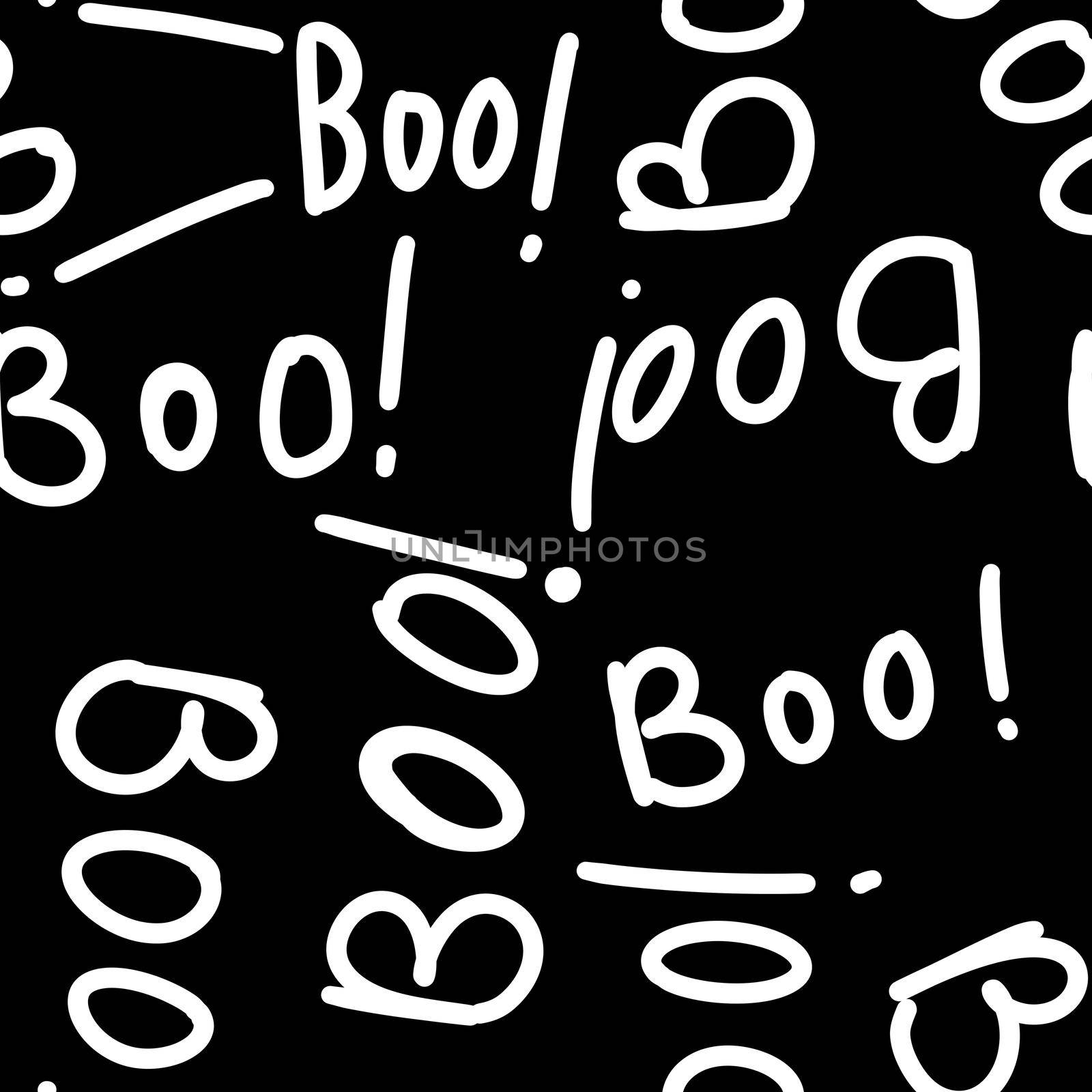 Seamless hand drawn black and white Halloween pattern with boo words cartoon ghost skull bones. Cute minimalist background for kids party invitation tesxtile wrapping paper. October nursery print. by Lagmar