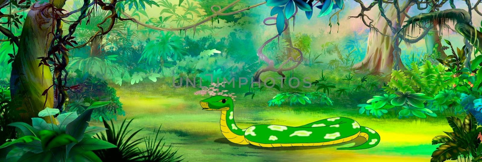 Boa snake in the rainforest. Digital Painting Background, Illustration.
