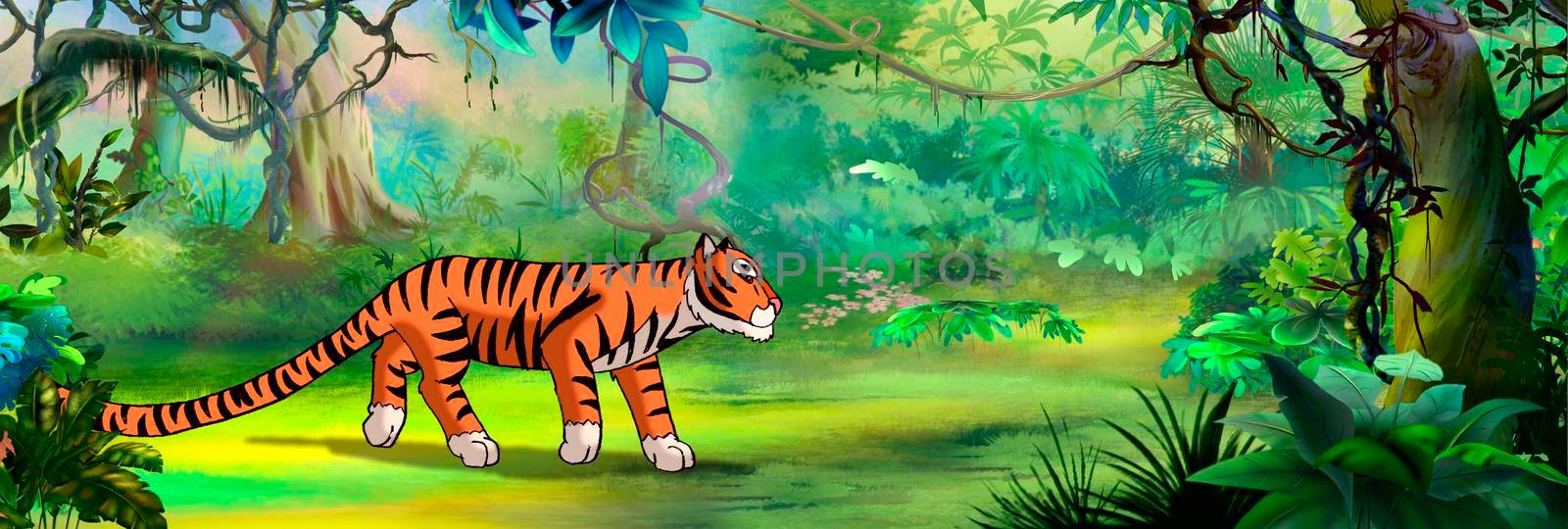 Tiger in the rainforest. Digital Painting Background, Illustration.