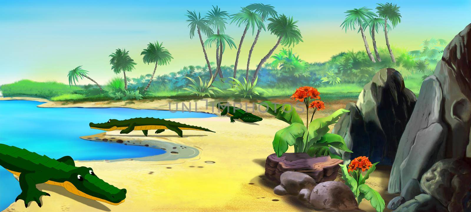 Crocodiles on a sandy coast of the tropical island. Digital Painting Background, Illustration.