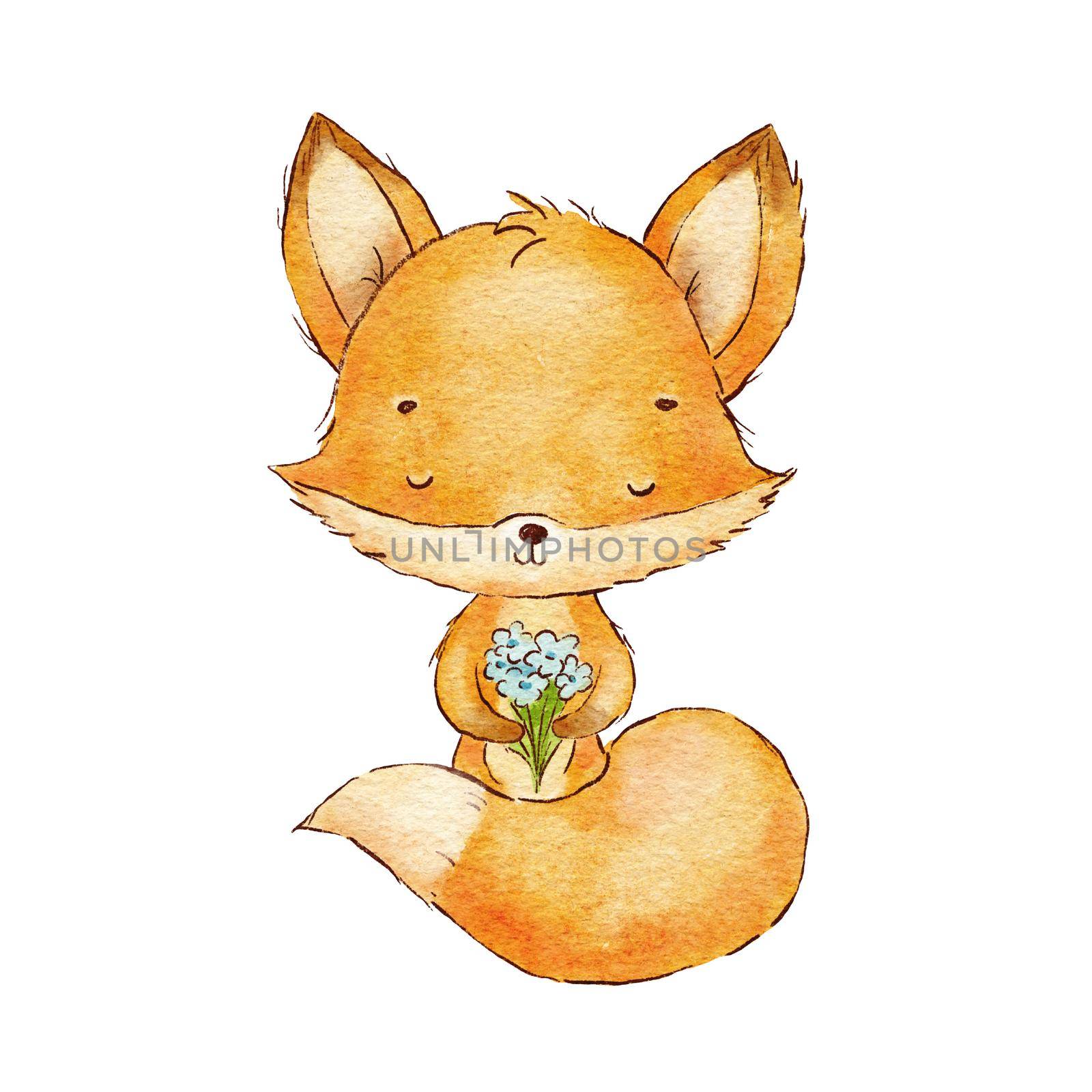 Cute baby fox with flowers. Watercolor childish illustration isolated on white. Woodland little animal