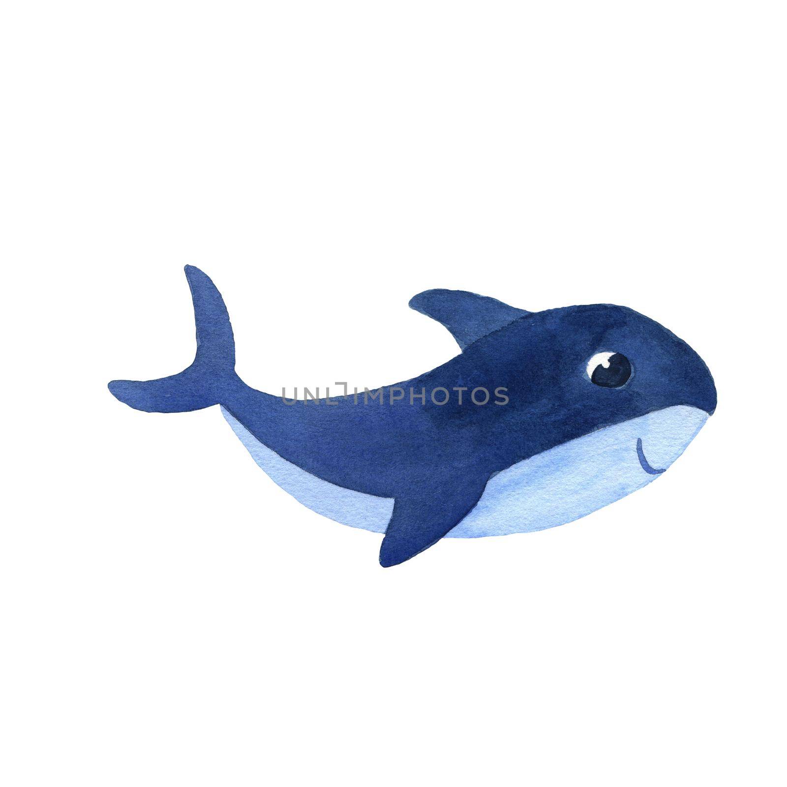 Watercolor cute blue baby shark. Drawing character sea animal