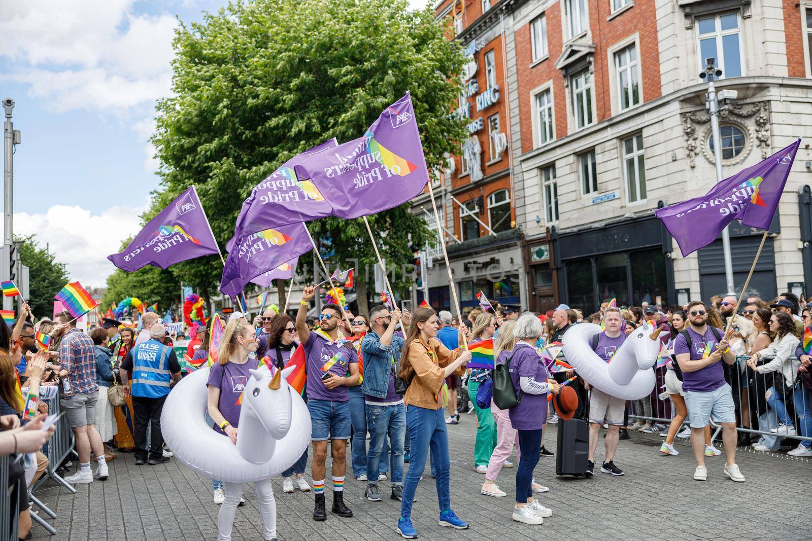 Dublin, Ireland, June 25th 2022. Ireland pride 2022 parade with people walking one one of the main city street. High quality photo