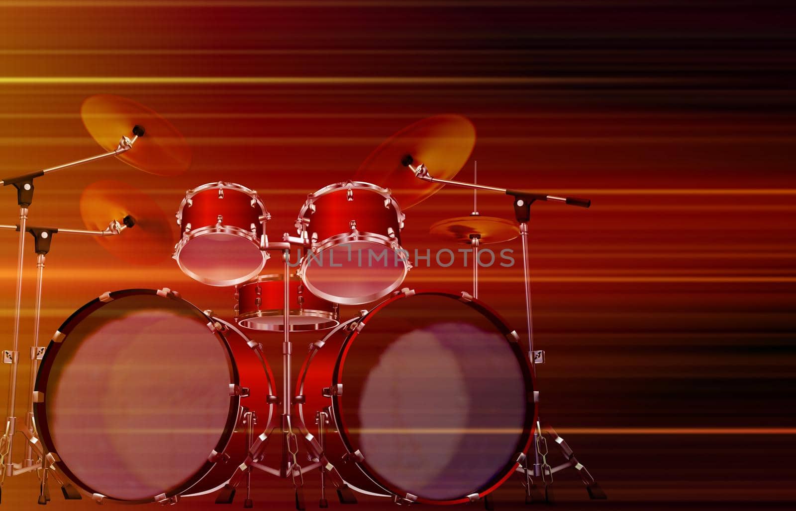 abstract blurred music background with drum kit on red