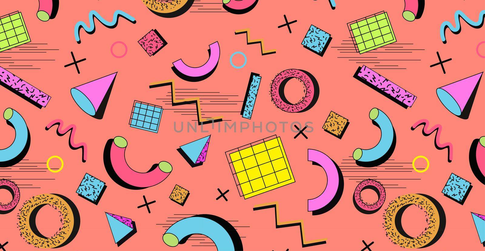 Memphis background, 80s-90s style patterns. Memphis fashion style. Colorful geometric pattern, different shapes of color style.