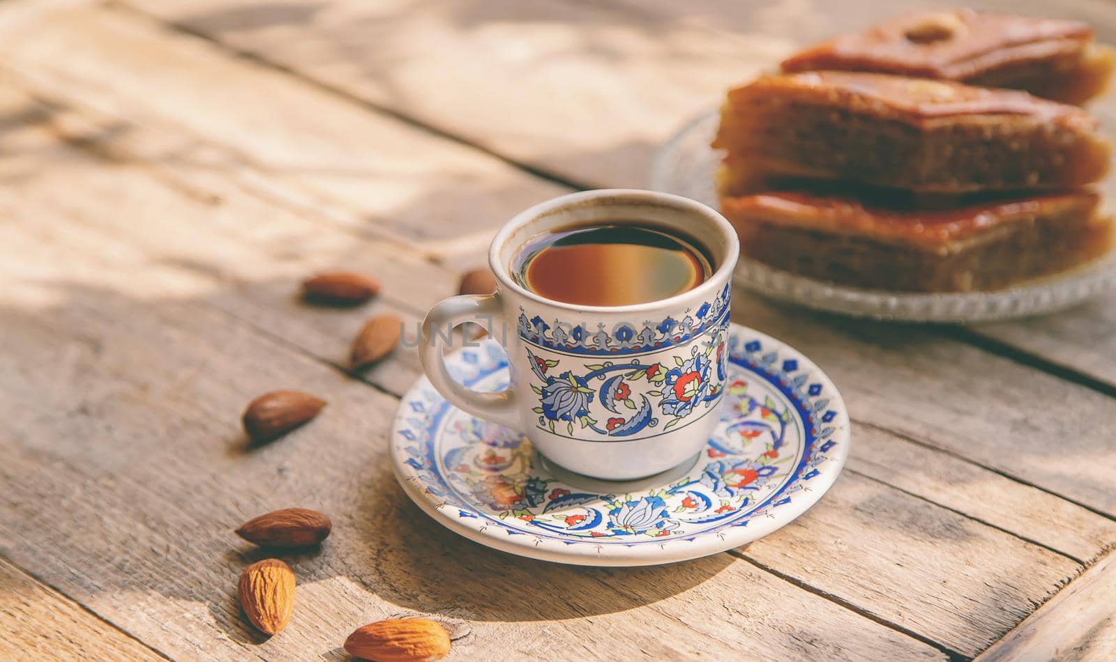 A cup of Turkish coffee and baklava. Selective focus. Drink.