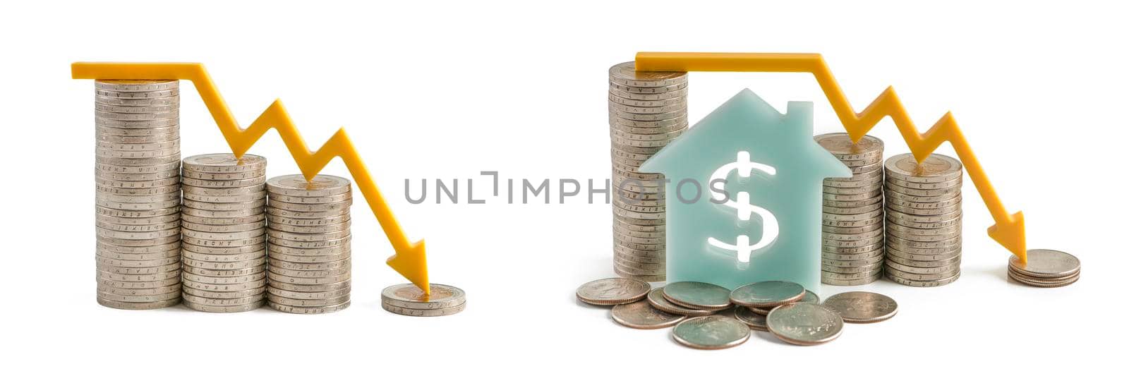 Inflation and the economic crisis. Financial market crash isolate on white background. House with a dollar sign. The yellow arrow on the chart points downward. Build a graph from stacks of coins.