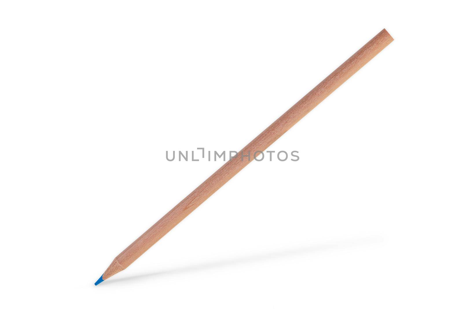 A blue pencil hovers against a white background casting a shadow. Pencil isolate on white.
