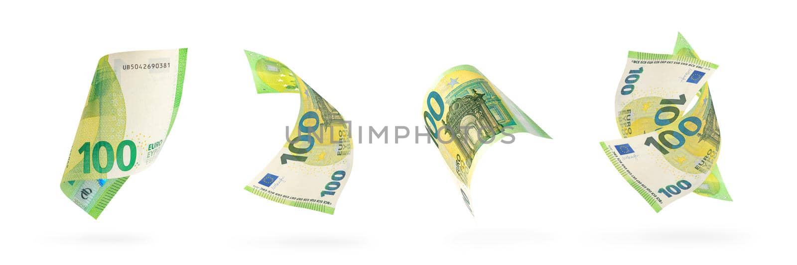 One hundred euro banknote set isolated on white background. European money folded in half, close-up of money casts a shadow. by SERSOL