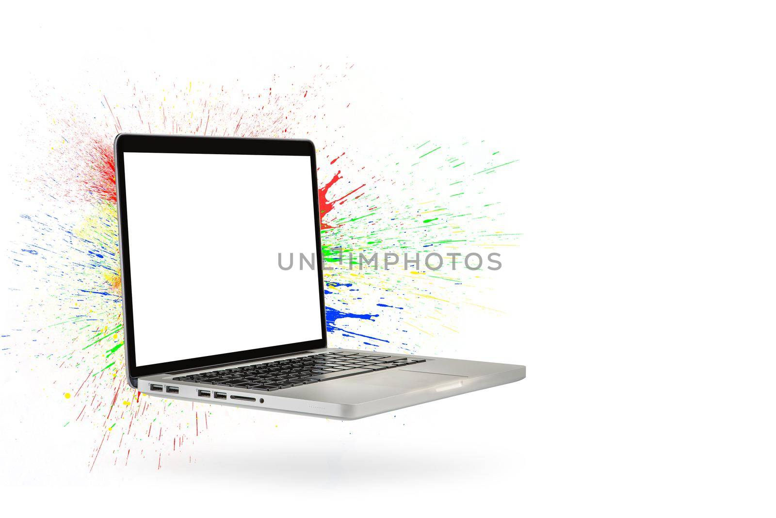 Calibration of laptop screen, monitor color, tablet or laptop. Modern laptop isolated on white with green screen. Multi-colored spray splashes in all directions